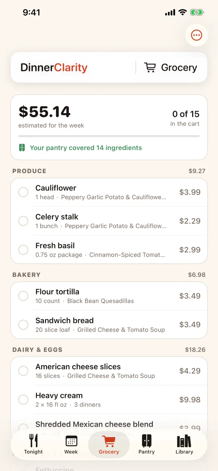 DinnerClarity grocery list