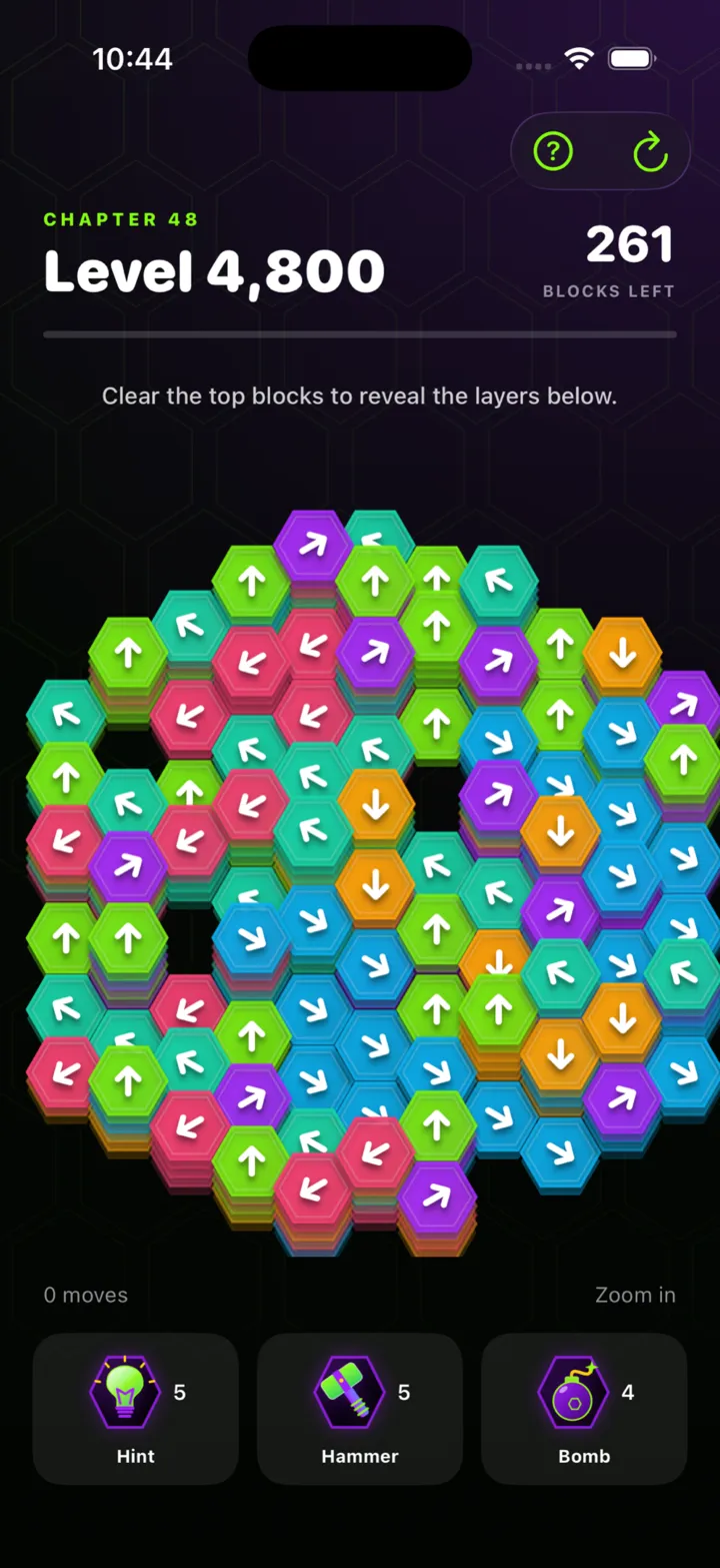 Jester Hex level 4,800 in chapter 48: a dense hex board of stacked arrow blocks with 261 blocks left