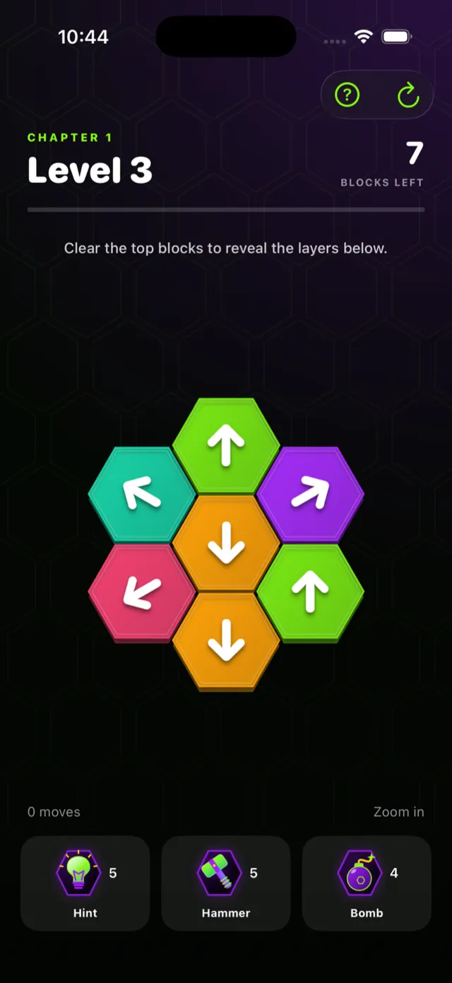Jester Hex level 3 in chapter 1: seven coloured hex blocks with arrows, seven blocks left
