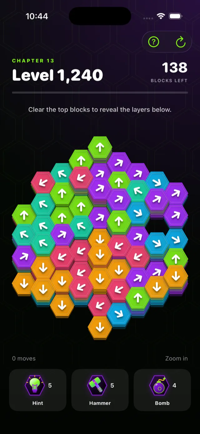 Jester Hex level 1,240 in chapter 13: a mid-size hex board with stacked layers and 138 blocks left
