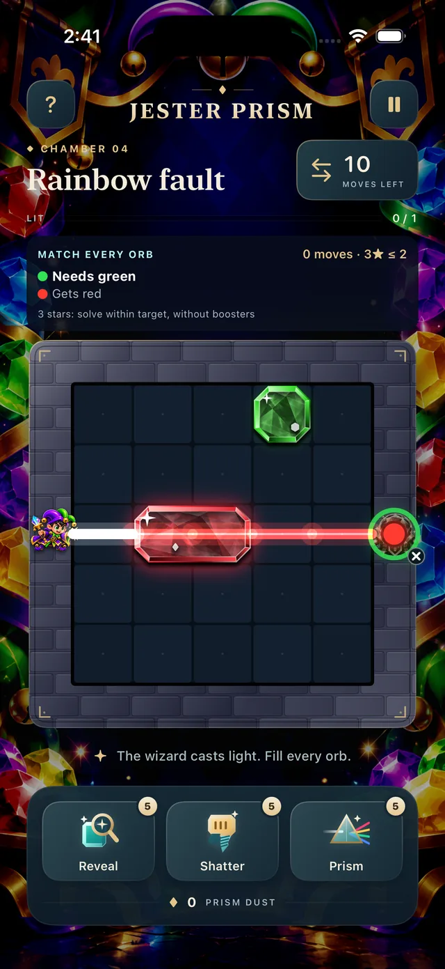 Jester Prism chamber 4, Rainbow fault: a red beam crosses a ruby crystal toward an orb whose ring asks for green