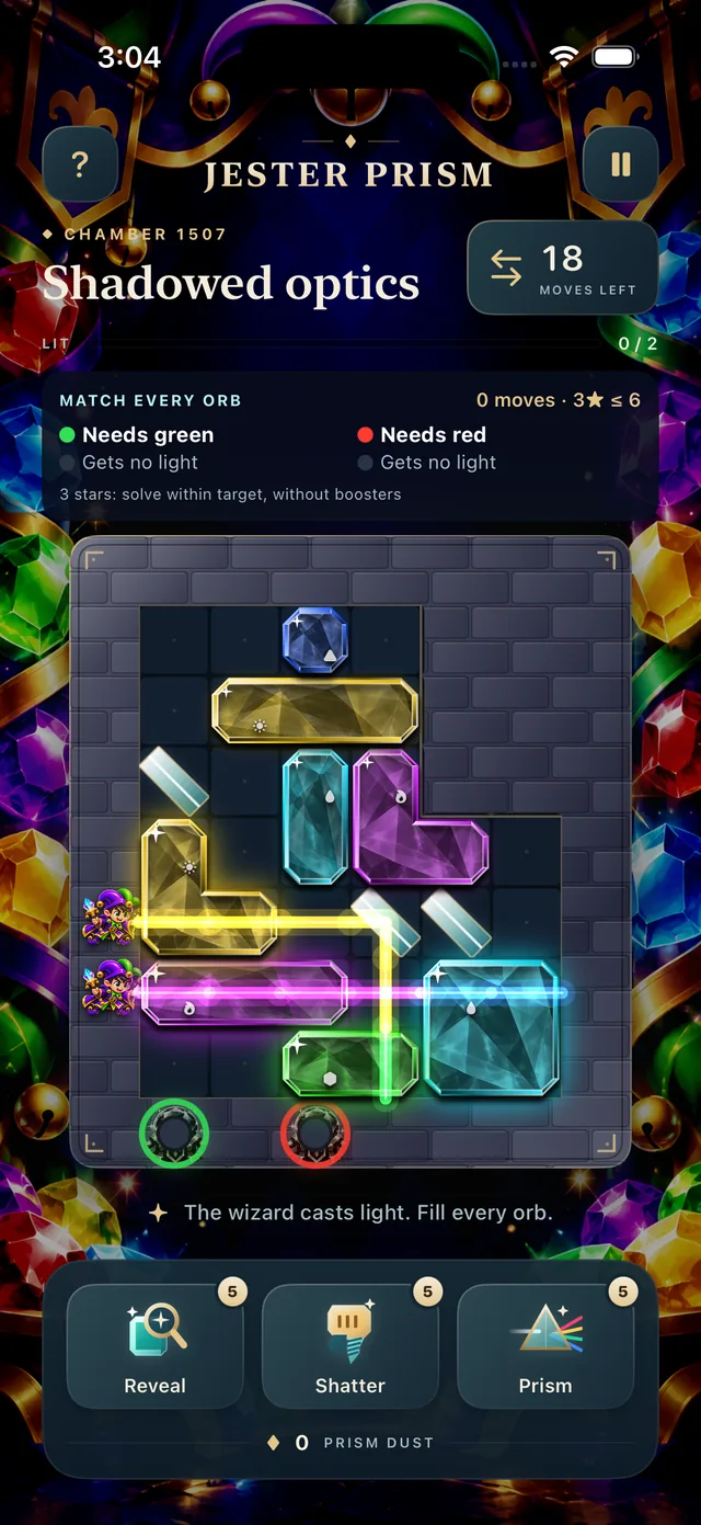 Jester Prism chamber 1507, Shadowed optics: two wizards cast light through yellow, magenta, green and cyan crystals toward two orbs