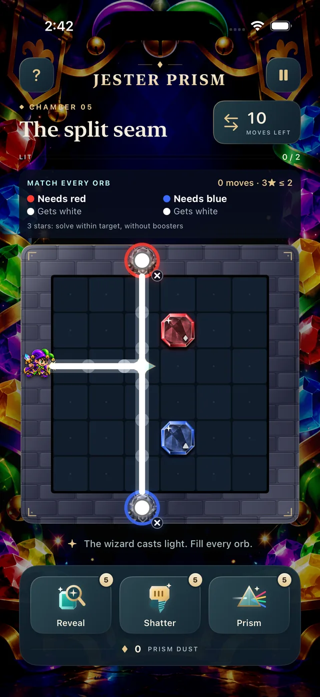Jester Prism chamber 5, The split seam: a splitter forks white light toward one orb asking for red and another asking for blue