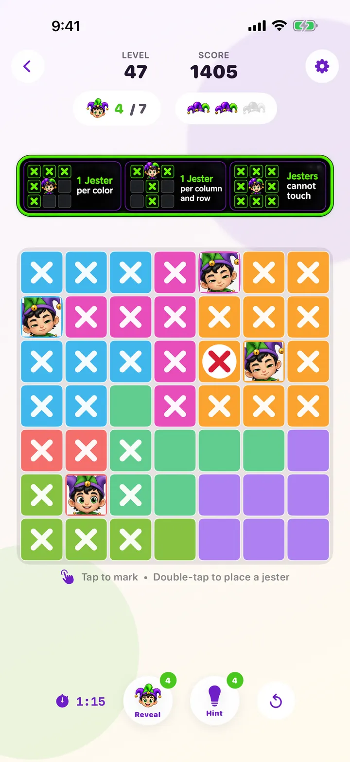 A seven by seven Jester Sweep court with four of seven jesters placed and squares marked with an X