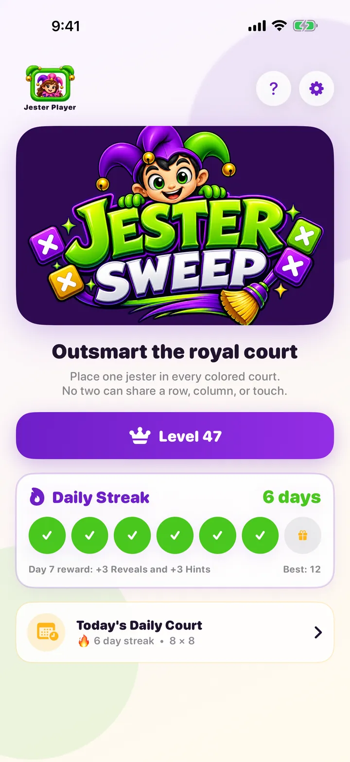Jester Sweep castle home screen showing Level 47 and a six day daily streak
