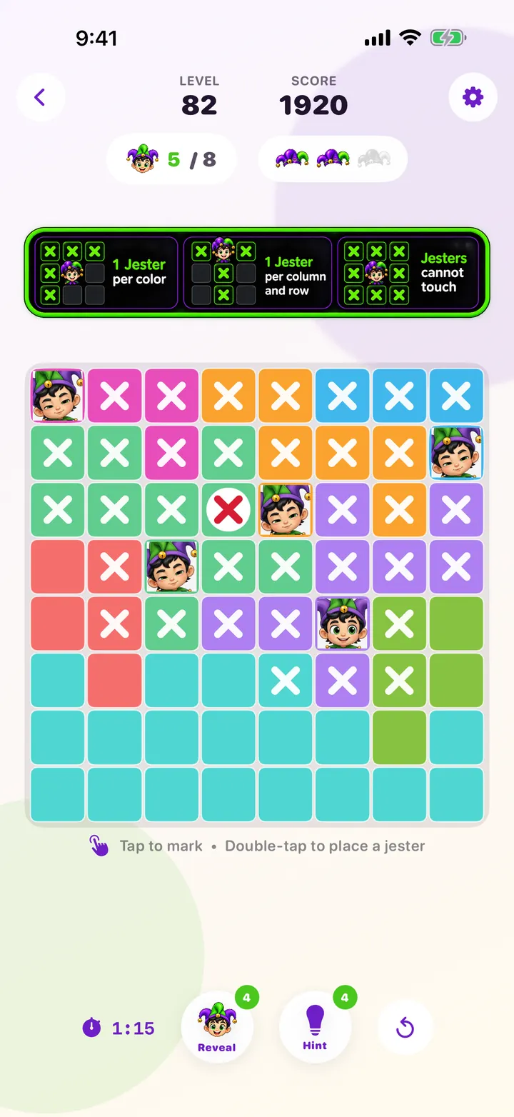 A larger eight by eight Jester Sweep court at level 82 with five of eight jesters found