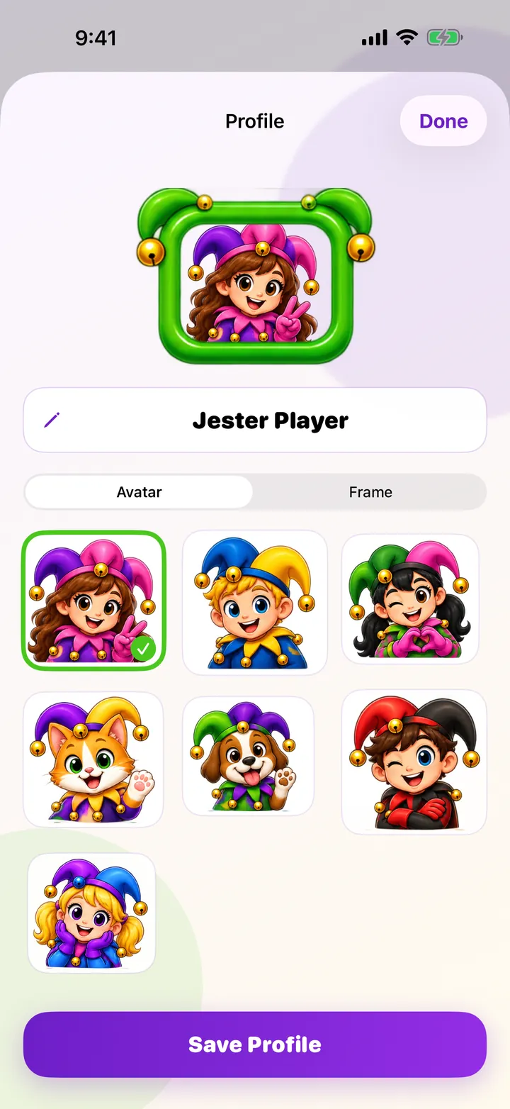 Profile screen with jester avatars and frames to choose from