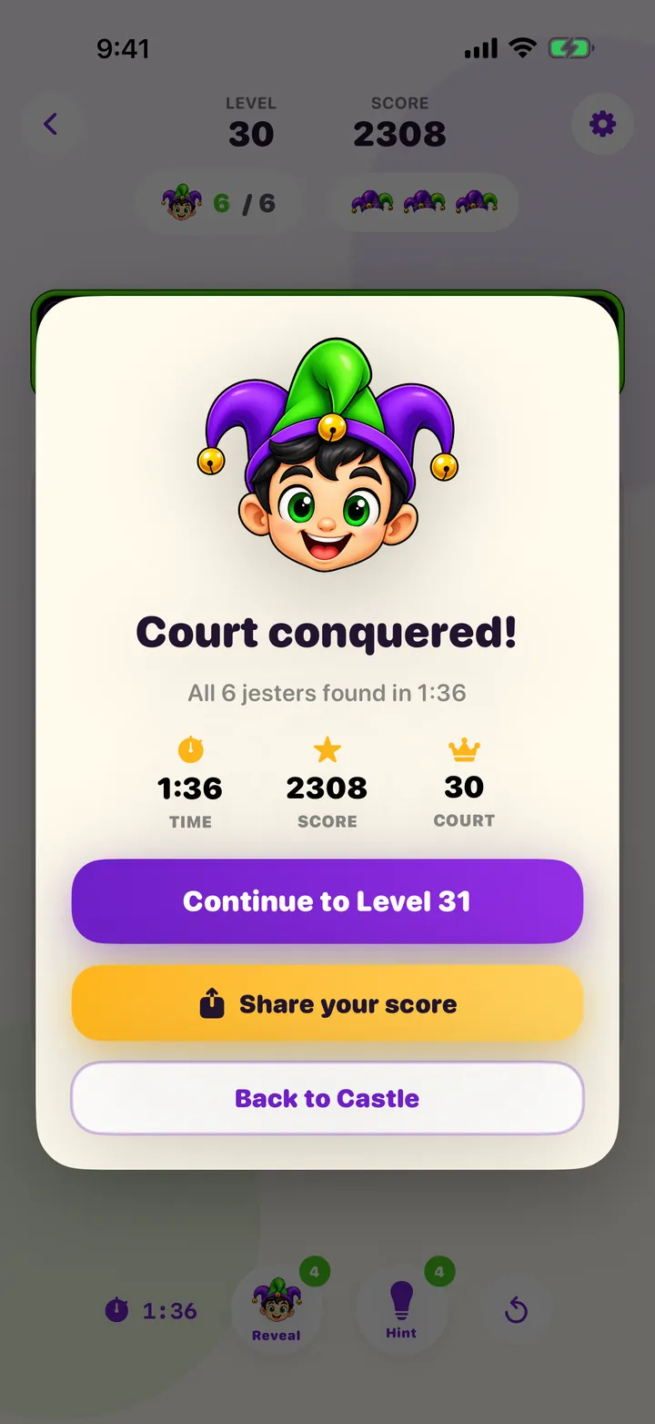 Court conquered screen showing all six jesters found in one minute thirty six seconds