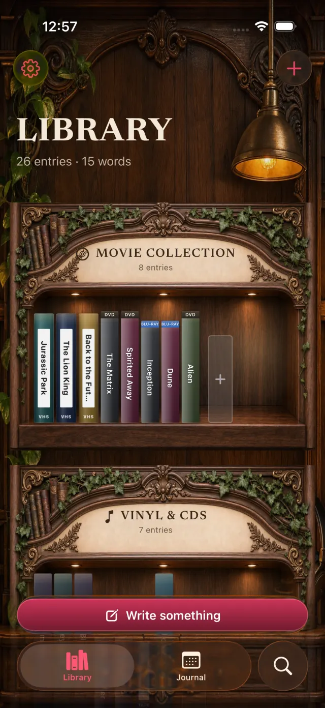Motlio library in the Reading Room theme, with movie and music cabinets