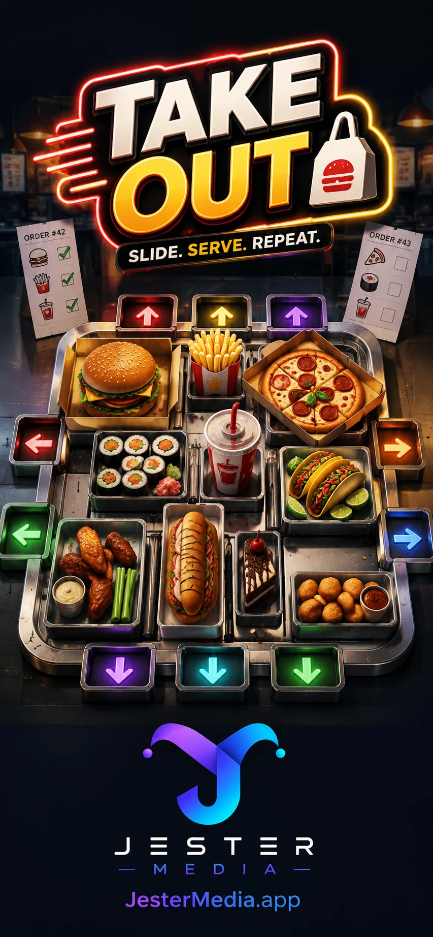 Take Out game board filled with food trays and matching pickup windows